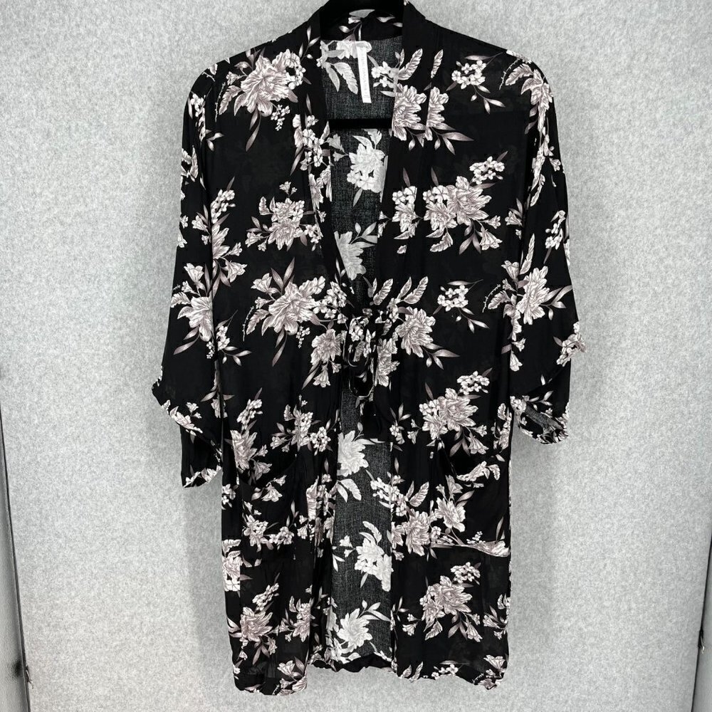 Spiritual Gangster Women Tie Front Floral Kimono OS Black White Coastal Spellout